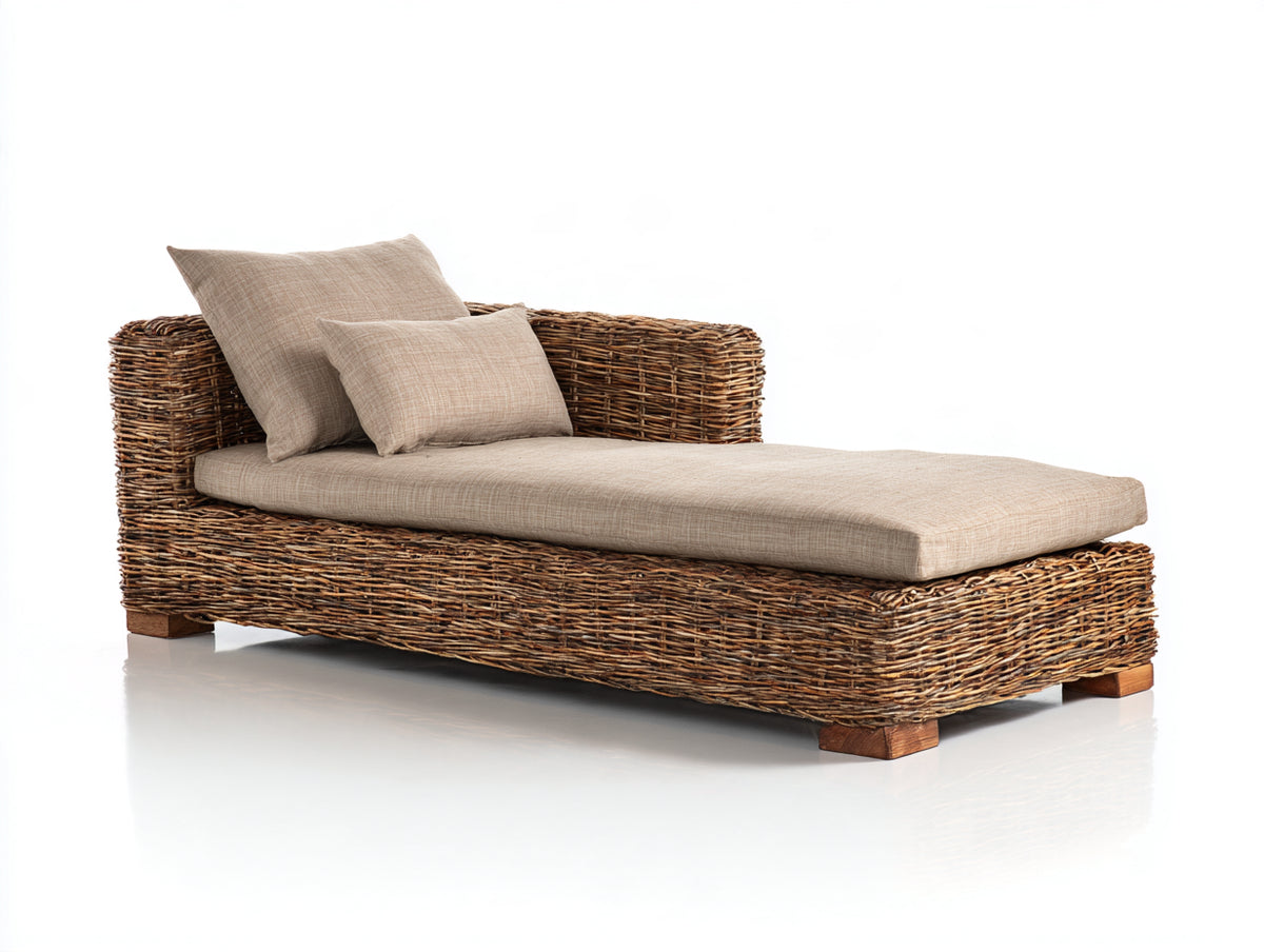 Tumbona de ratán 200x80x75 cm - Marrón y beige - Diseño amplio con respaldo lateral