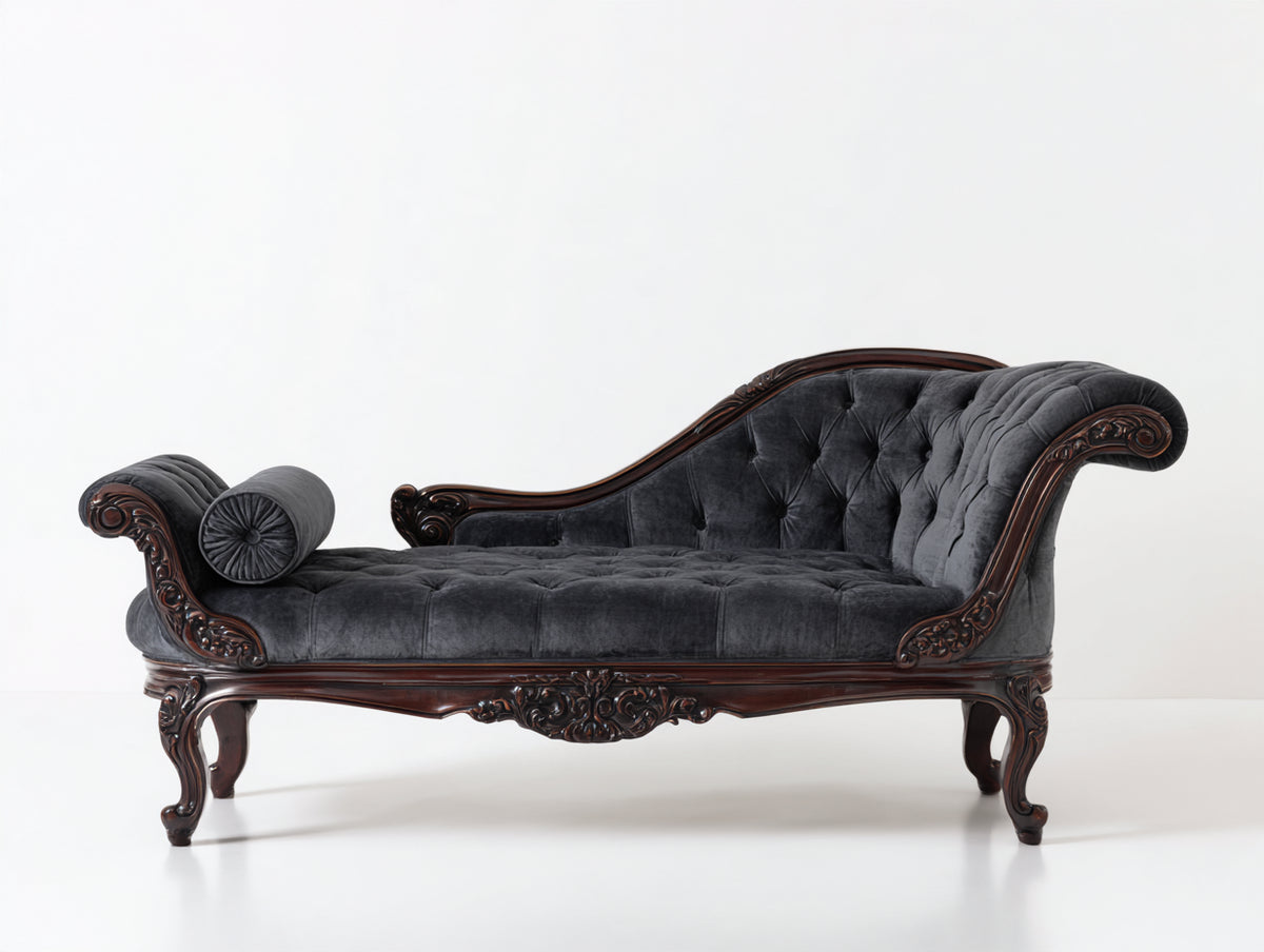 Chaise longue tapizada de terciopelo 195x82x100 cm - gris oscuro y nogal - estilo clásico con capitoné y estructura de madera tallada