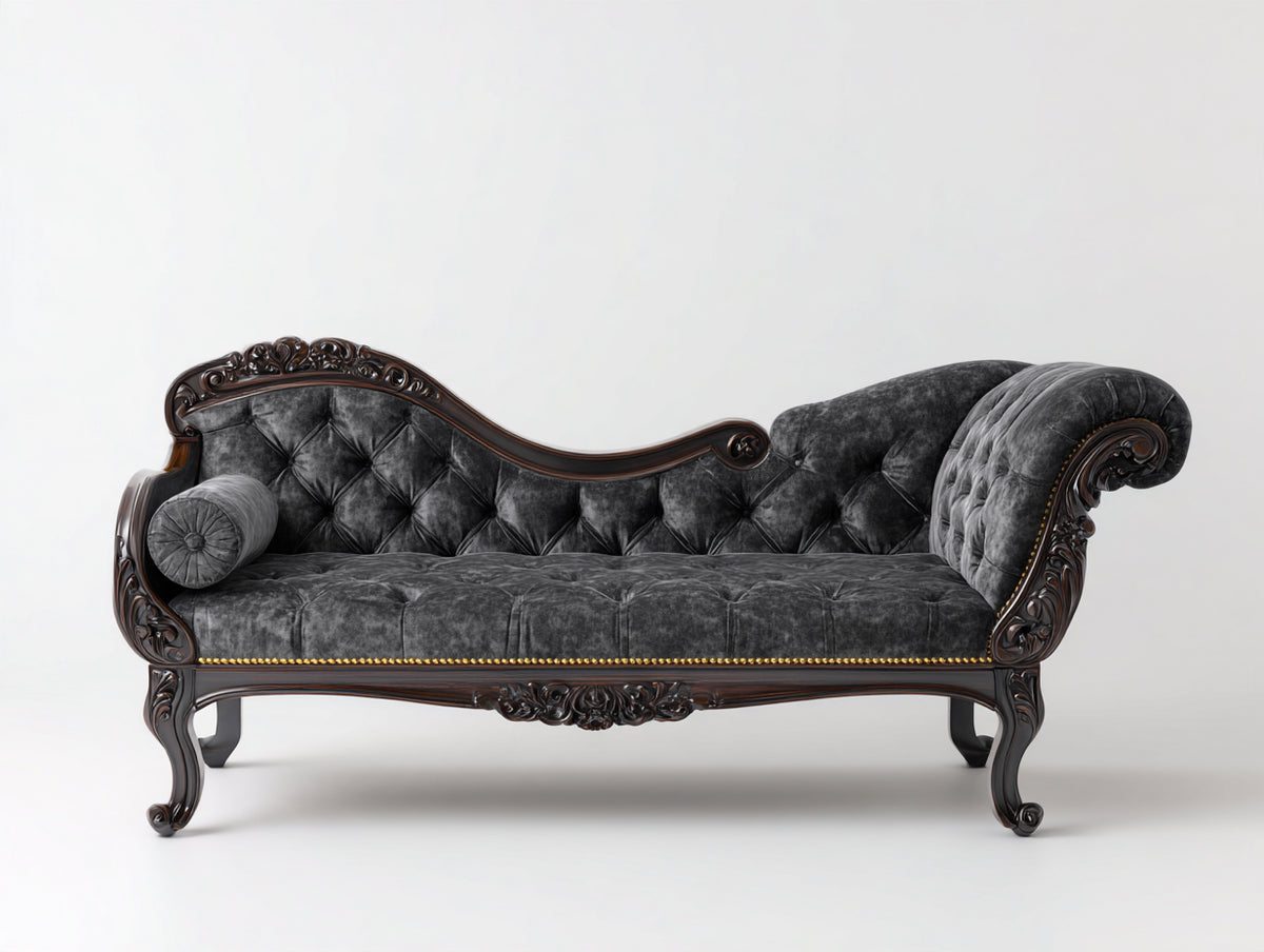Chaise longue tapizada 195x78x98 cm - Gris oscuro y madera marrón - Diseño clásico capitoné con estructura tallada