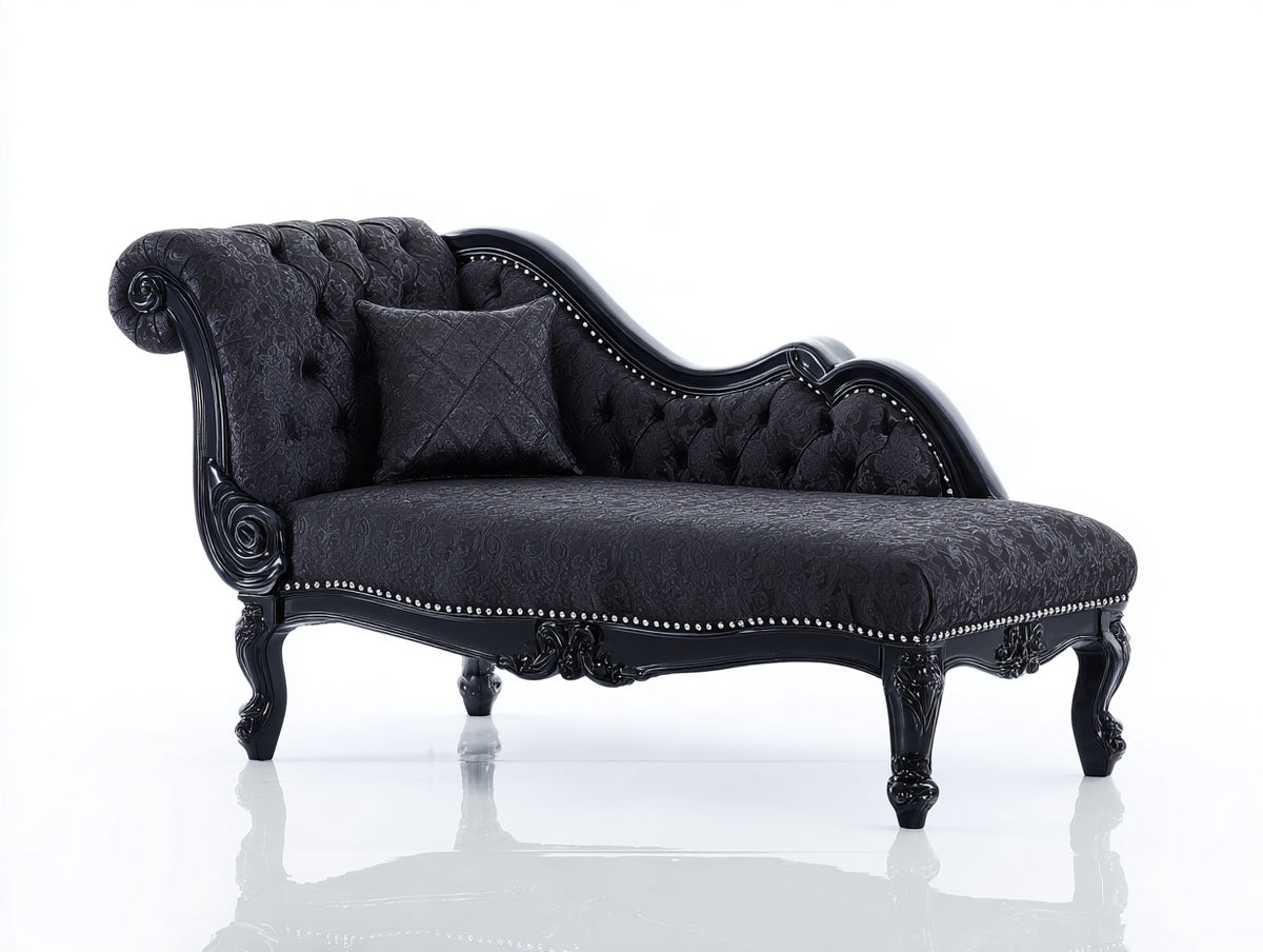 Chaise longue tapizada terciopelo negro 215x90x85 cm - estilo clásico con respaldo acolchado para salón elegante