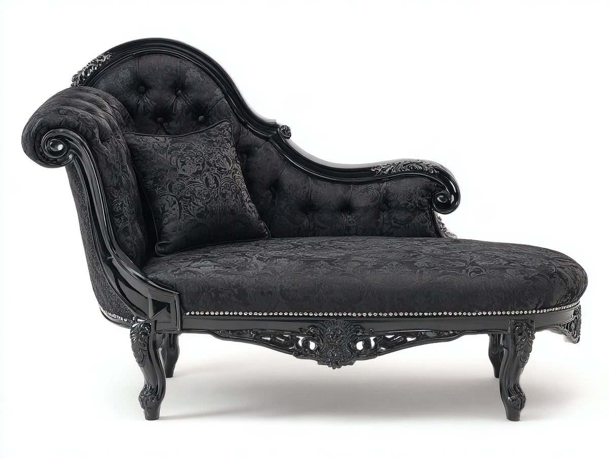 Chaise longue tapizada 185x78x108 cm - negro - estilo clásico con capitoné y estructura de madera tallada
