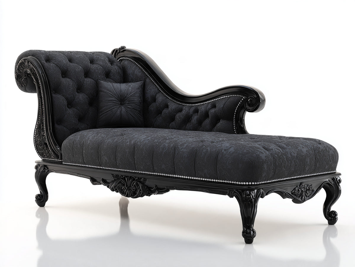 Chaise longue tapizada 195x80x100 cm - Negro - Diseño clásico capitoné con estructura tallada