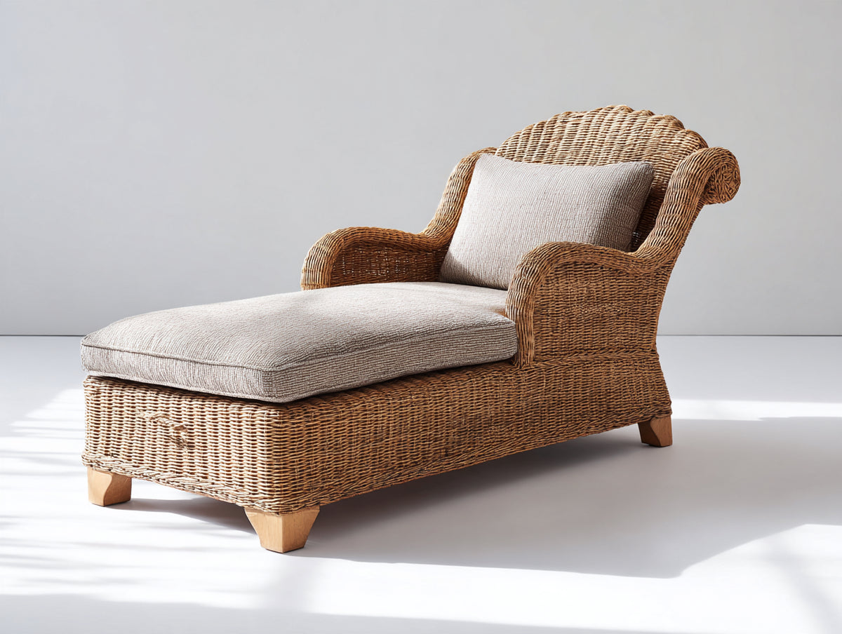 Tumbona de ratán 165x85x92 cm - natural y beige - diseño clásico con respaldo elevado
