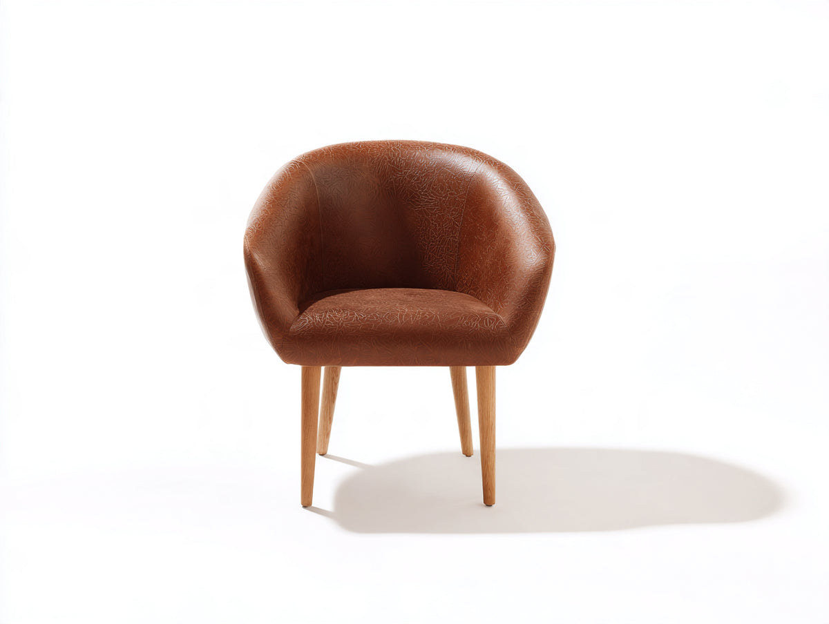 Silla de comedor tapizada 62x60x82 cm - Marrón coñac y madera natural - Diseño envolvente con reposabrazos