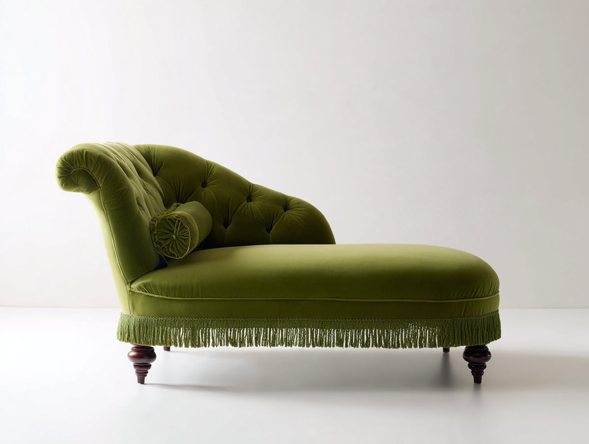 Chaise longue tapizada de terciopelo 85x180x90 cm - verde oliva - estilo clásico elegante