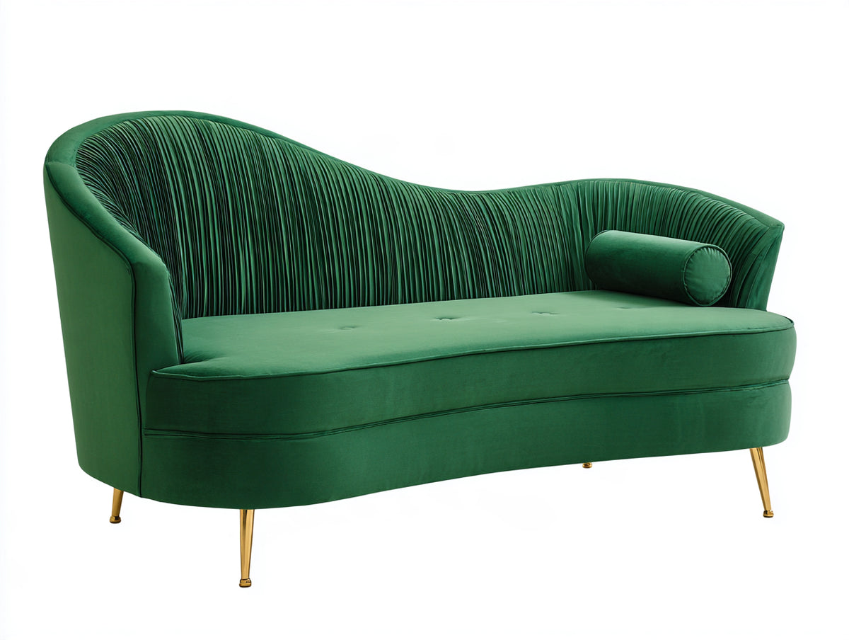 Chaise longue tapizada 190x78x90 cm - Verde esmeralda y dorado - Diseño curvo con respaldo plisado