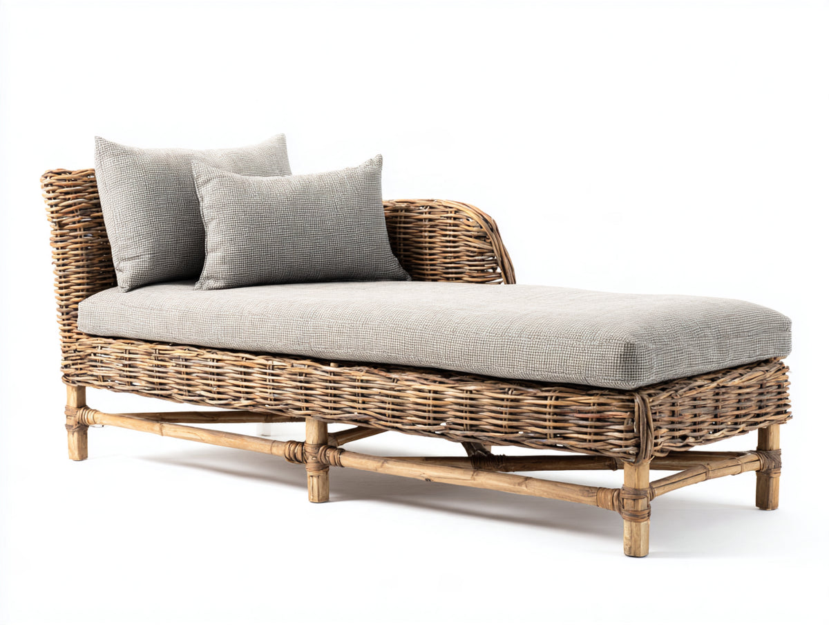 Tumbona de ratán 205x82x78 cm - Marrón natural y beige - Diseño amplio con respaldo lateral